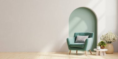 Scandinavian living room with green armchair on empty white wall background.3d rendering