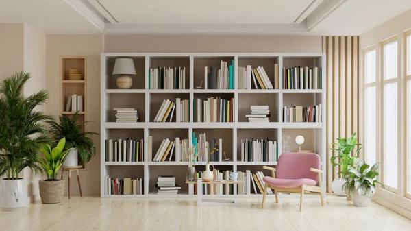 Library in the living room with pink armchair on empty dark brown color wall.3d rendering