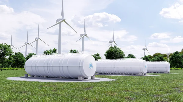 带有风力涡轮机的氢气贮存 氢气可再生能源生产 — 图库照片