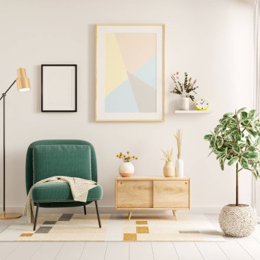 Oturma odasının iç kısımlarında sandalye ve dekor, İskandinav tarzı 3D tasarım.