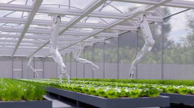 AI akıllı robotik çiftçiler konsepti, tarım teknolojisi otomatikleştirmesi 3D