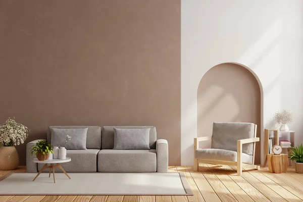 Living room interior wall mockup in warm tones with sofa and armchair on empty wall background.3d rendering