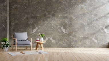 İç dekorasyonu gri koltuklu koyu çimento 3D duvarlı.