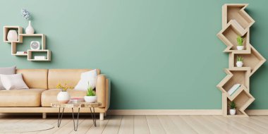 Oturma odasında deri kanepe ve dekorasyon odası boş yeşil duvarda.