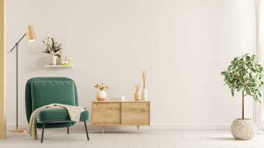 Duvar, yeşil koltuk ve dekorasyon minimal.3d görüntüleme ile sıcak tonlarda alay eder.