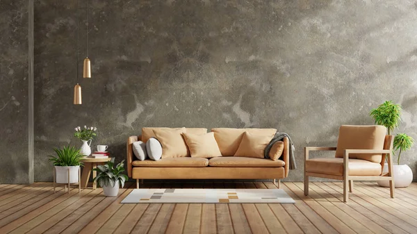 Living room interior wall mockup in style loft with concrete wall background.3d rendering