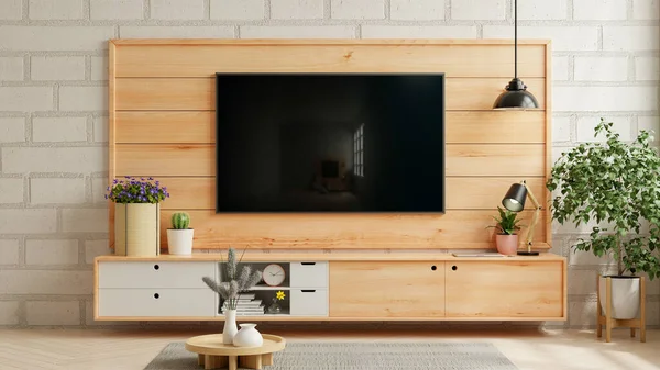 LED TV on the wooden wall in living room with wooden cabinet,minimal design.3d rendering