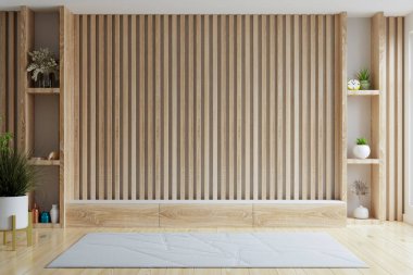 Modern oturma odasındaki ahşap duvar 33D döşemeli televizyon dolabı.