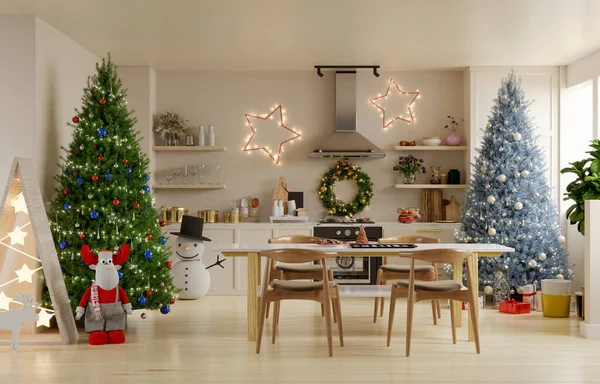 kitchen decorated for christmas,Interior design,Christmas and New Year decorate.3d rendering