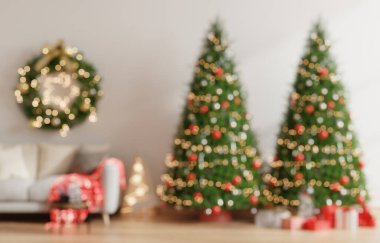 Bulanık oturma odası arka planı, oturma odası içi kadife kanepe ve boş beyaz arka plan 33D görüntüsü.