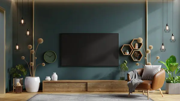 Living room mockup a TV wall mounted with leather armchair in living room with dark green wall.3d rendering