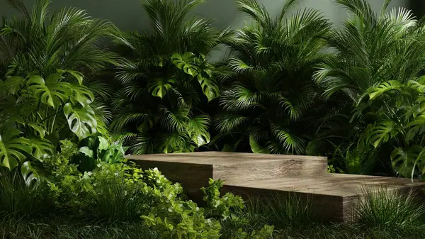 Wooden podium in tropical forest for product presentation and green background.3d rendering