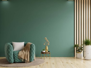 Boş yeşil duvarlı yeşil koltuklu oturma odası- 3D görüntüleme