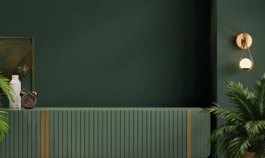 Oturma odasının içini dekore eden yeşil dolap ve aksesuarlar boş, siyah bir arka planda. 3D görüntüleme.