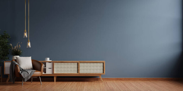 Гостиная с кожаным креслом на пустом темно-синем фоне - 3D рендеринг