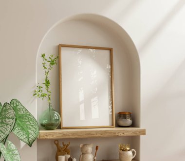 Evin arka planında dikey ahşap çerçeveli poster modeli - 3D görüntüleme 