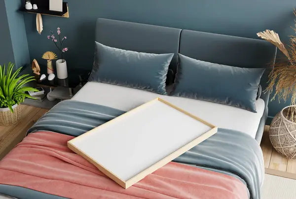 Mockup photo frame on bed in dark bedroom interior- 3D rendering