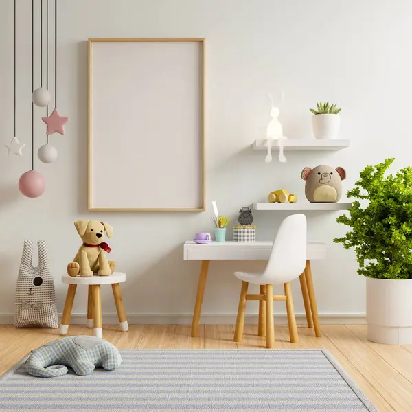 子供部屋のインテリア スカンジナビアスタイルの子供部屋3Dレンダリングのモックアップポスター ロイヤリティフリーのストック写真