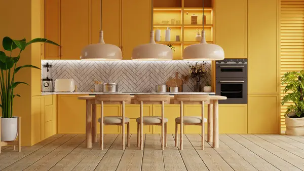 暗い黄色の壁3Dレンダリングと居心地の良いモダンなキッチンルームのインテリアデザイン ストック写真