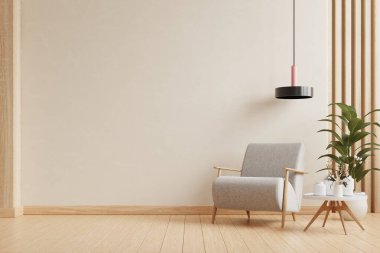 Modern minimalist iç mimari, içi boş, krem rengi bir arka plan üzerine kurulmuş bir koltuk. 3 boyutlu.
