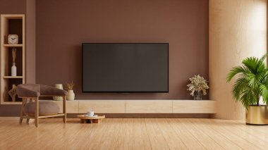 Televizyon ve dolap modern oturma odasında, çam kozalağı renkli arka planda 3D dekorasyonu var.