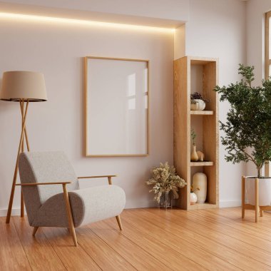 Oturma odasındaki boş beyaz duvarda dikey çerçeveli poster modeli - 3D görüntüleme