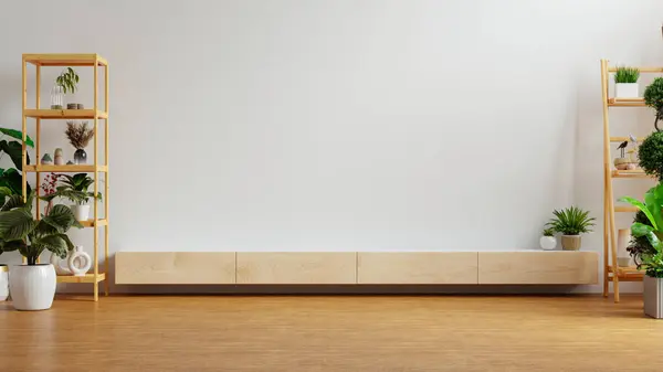 Mockup Einer Holzschrank Fernsehwand Mit Dekoration Wohnzimmer Und Weißer Wand Stockfoto