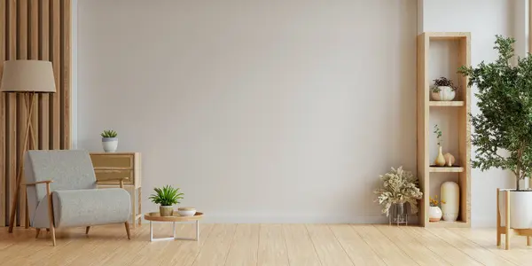 空白の壁の背景にあるアームチェア付きの最小部屋 3Dレンダリング ストック画像