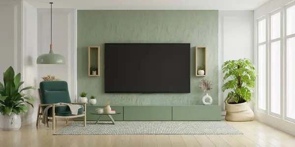緑色のアームチェアと装飾アクセサリー付きのパステルTvルーム 3Dレンダリング ロイヤリティフリーのストック写真