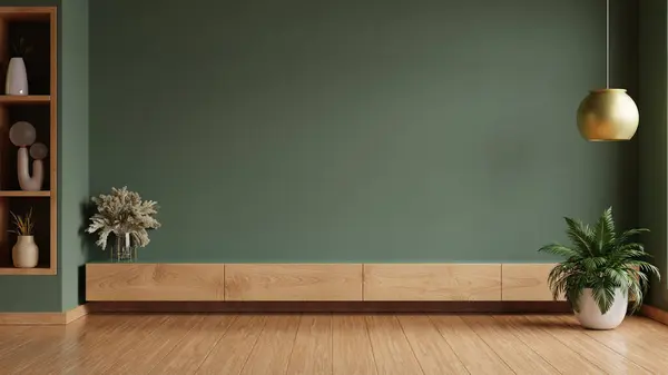 暗い緑色の壁の背景3Dレンダリングが付いている木製の棚のキャビネット ロイヤリティフリーのストック画像