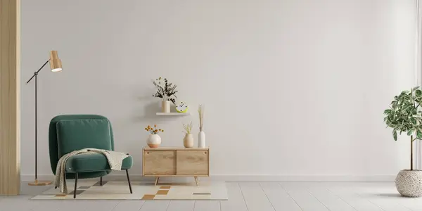 空白の壁の背景に緑のアームチェアで最小限のリビングルームスタイル 3Dレンダリング ストック写真