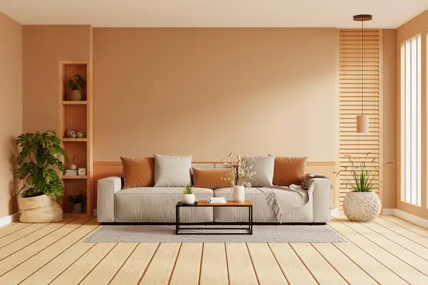 Helle Und Gemütliche Moderne Wohnzimmereinrichtung Haben Sofa Und Pflanze Mit Stockbild