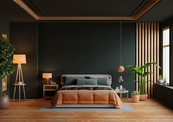 Orangefarbenes Bett Und Dunkelgrüne Wand Schlafzimmer Rendering Stockbild