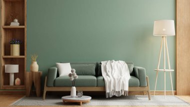 Yeşil masalı yeşil kanepe ve ahşap döşeme, minimalist tasarım - 3D görüntüleme
