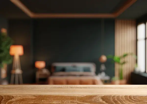 테이블 오렌지 침대와 모크업 어두운 인테리어 렌더링 로열티 프리 스톡 이미지