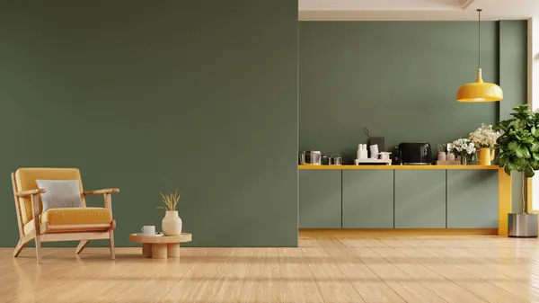 Grüne Küche Und Minimalistisches Interieur Mit Gelben Sesseln Rendering lizenzfreie Stockfotos