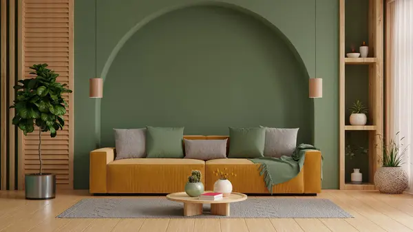 Modern Living Room Has Yellow Sofa Empty Dark Green Wall Stockfoto