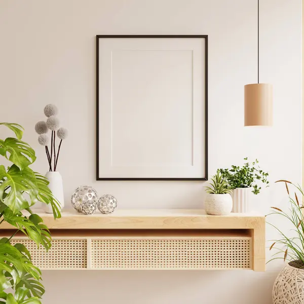 Mockup Poster Frame Close Wood Cabinet Cozy White Interior Background lizenzfreie Stockbilder