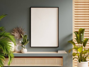 Siyah poster çerçeve ve aksesuarları koyu mavi arka plan dekoru - 3D görüntüleme