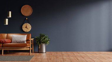 Ahşap döşemeli deri koltuklu ve koyu mavi duvarlı modern oturma odası. 3 boyutlu.