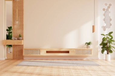 Minimalist odada ve beyaz duvarda dekorasyonla döşenmiş bir dolap duvarı modelle - 3D