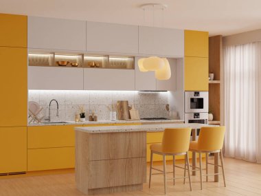 Mutfak odasının iç tasarımı koyu sarı duvarlı, 3 boyutlu.