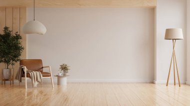 Boş beyaz arka planda deri koltuklu minimal oda. 3D görüntüleme.
