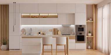 Beyaz duvarlı modern mutfak odası iç tasarımı - 3 boyutlu
