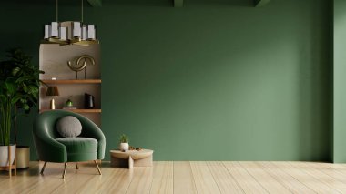 Boş yeşil duvardaki yeşil koltuk ve dekorasyon odası. Üç boyutlu.