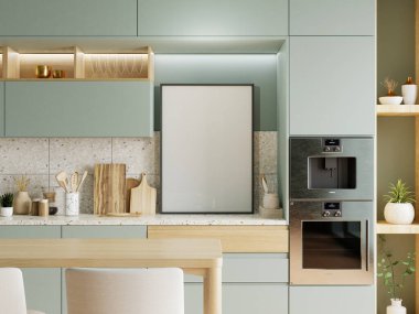 Modern mutfak. Model poster çerçevesi ve aksesuarları adaçayı yeşili bir duvarda. 3 boyutlu.
