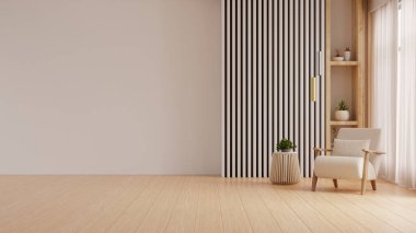 Modern minimalist bir oturma odasının, rahat bir koltuğu olan 3D görüntüleme duvarı.