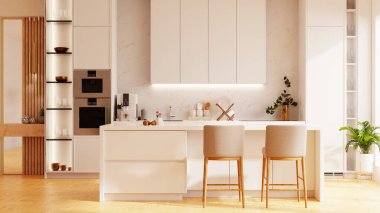 Parlak beyaz dolaplı modern mutfak, bar tabureleriyle dolu geniş bir ada, ve doğal ışıkla aydınlatılmış iyi organize edilmiş yemek pişirme alanı...