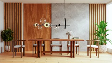 Yemek odası ahşap aksanlar ve modern ışıklandırma ile zarif bir şekilde tasarlandı.