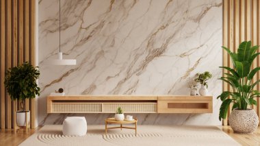 Oturma odasında dekorasyon ve mermer duvarla döşenmiş bir dolap duvarı. 3 boyutlu.